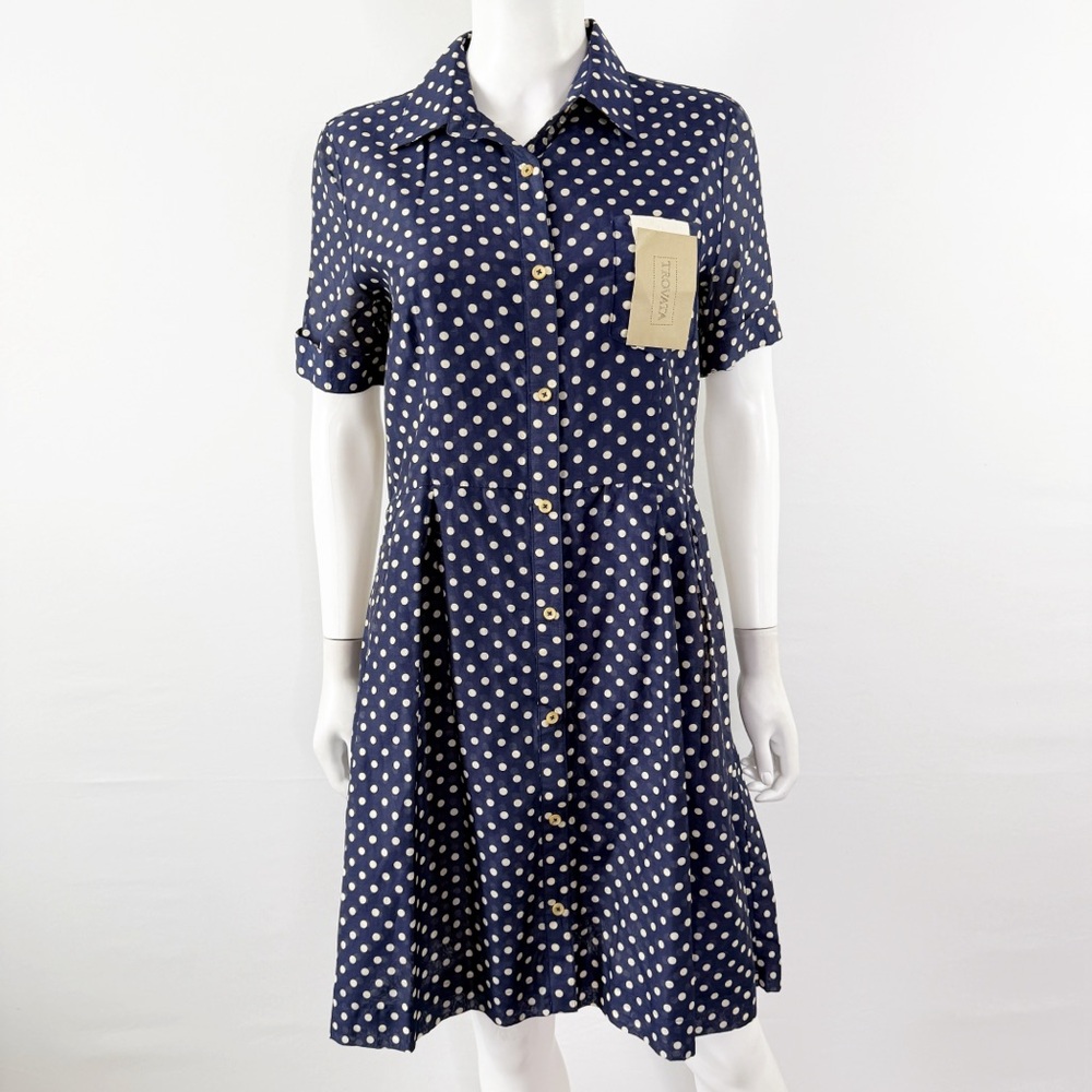NWT Trovata DONNA Cotton-Silk Blend Polka Dot Shirt Dress /Navy, Cream, Large/